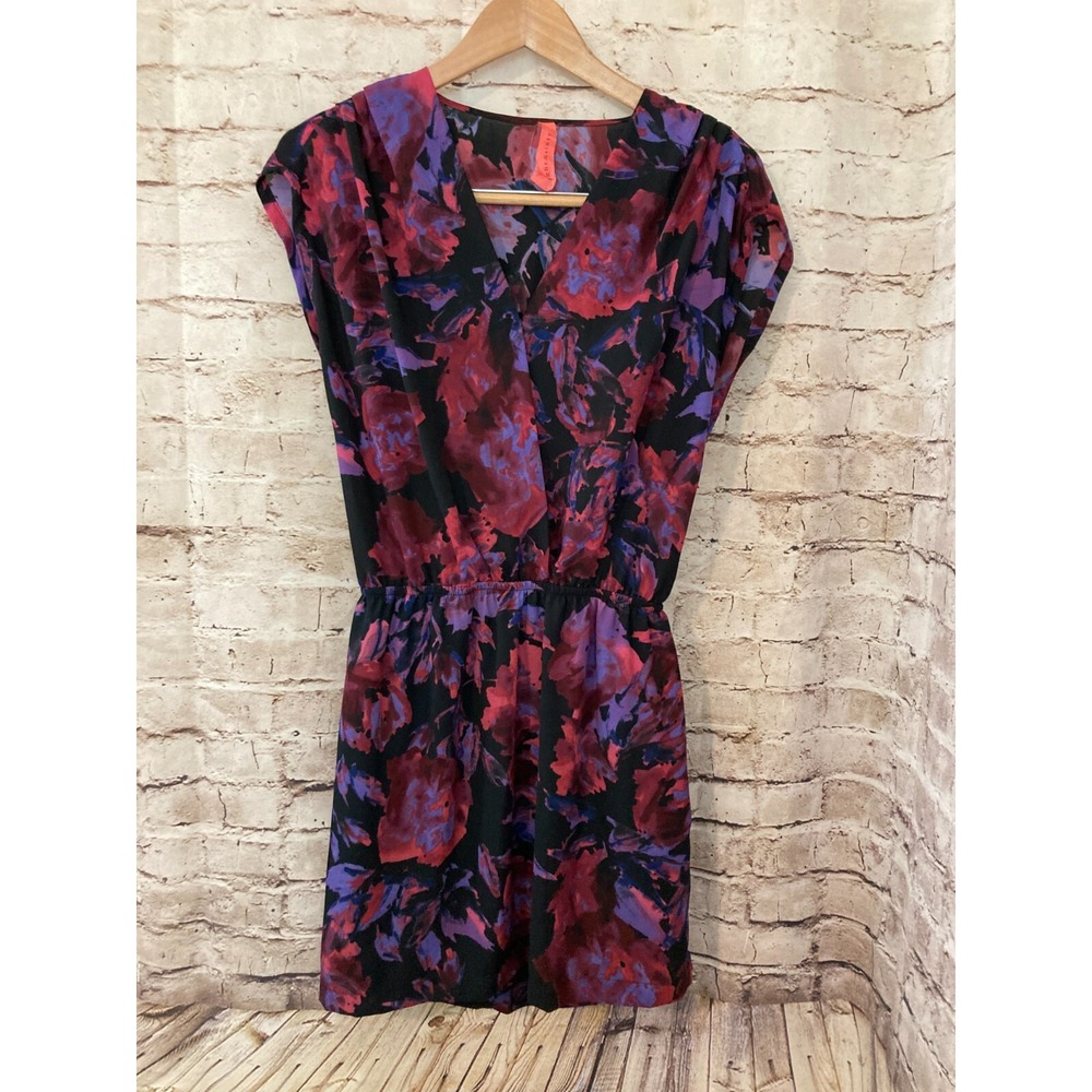 Eight Sixty Dress Womens Medium A Line Purple Watercolor Floral Stretch V‎ Neck